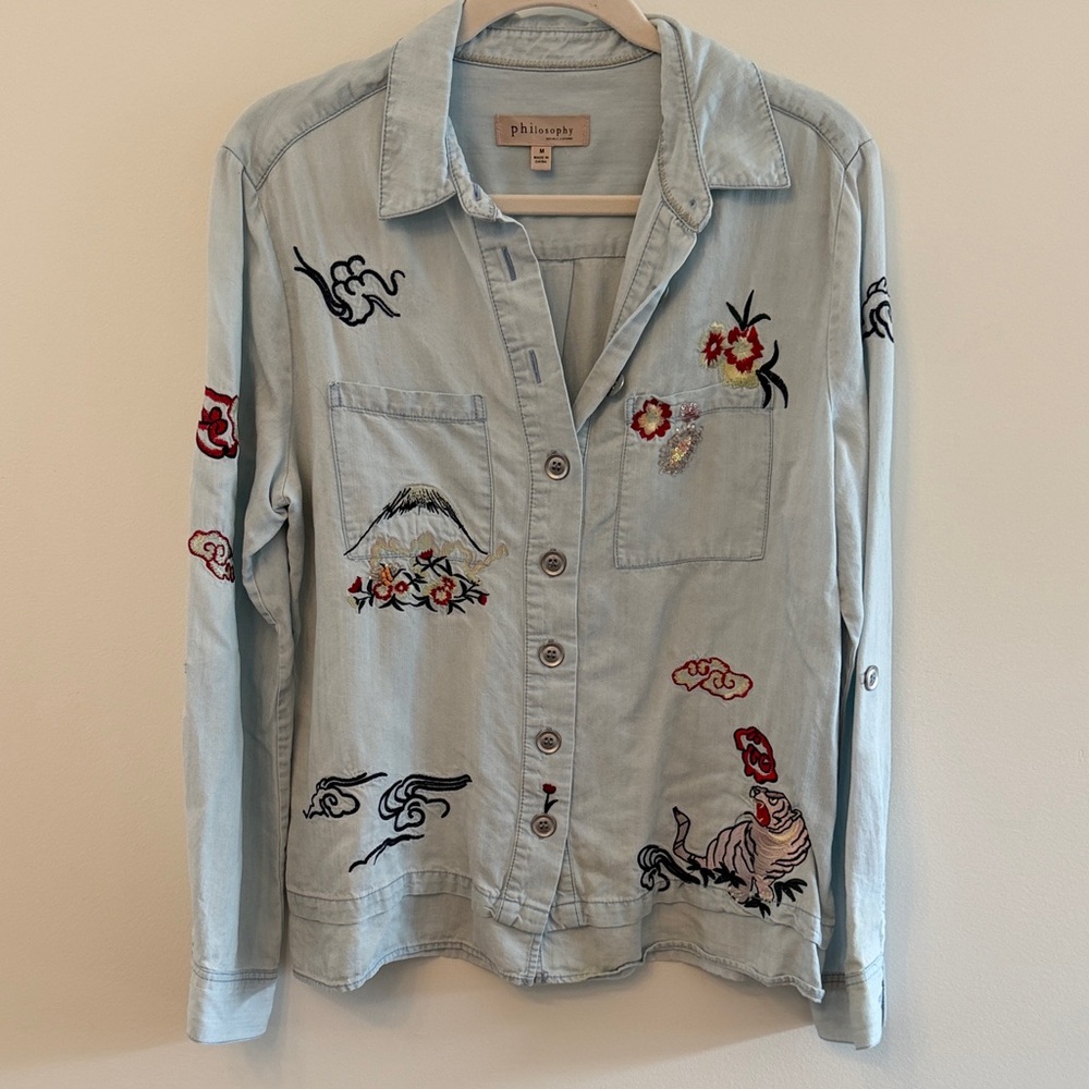 Philosophy Light Blue Embroidered Chambray Button Down